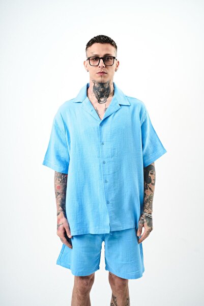 Respire Men's Short Sleeve Oversize Muslin Shirt Bebeblue