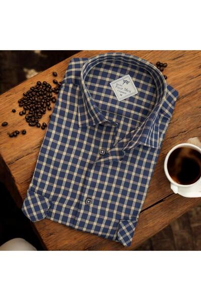 EREN STYLE Λινό κλασικό μακρυμάνικο πουκάμισο μπλε μπαμπά με δύο τσέπες (κανο...