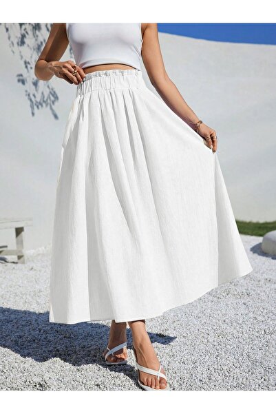 MODAGEN Kadın Ekru Beli Lastikli Katlı Maxi Boy Aerobin Etek
