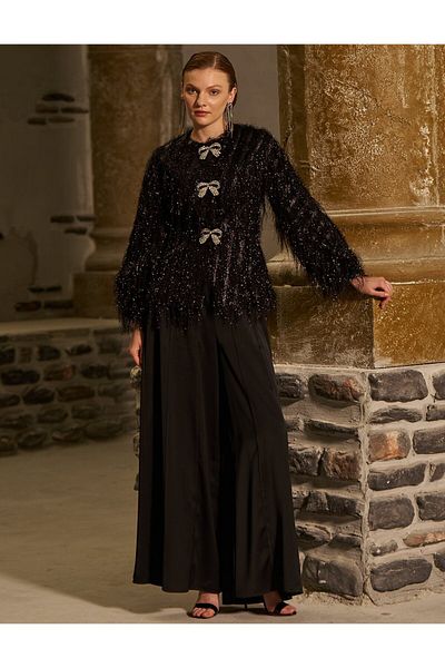 Kayra Ribbon Detailed Tasseled Double Suit Black