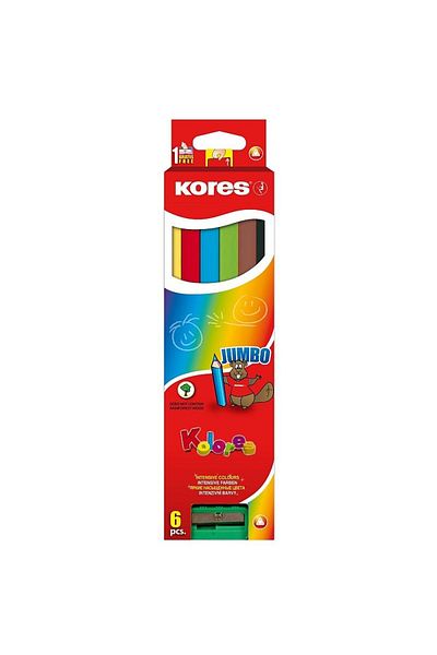 kores Jumbo colored pencils, 6 colors, sharpener included, triangular