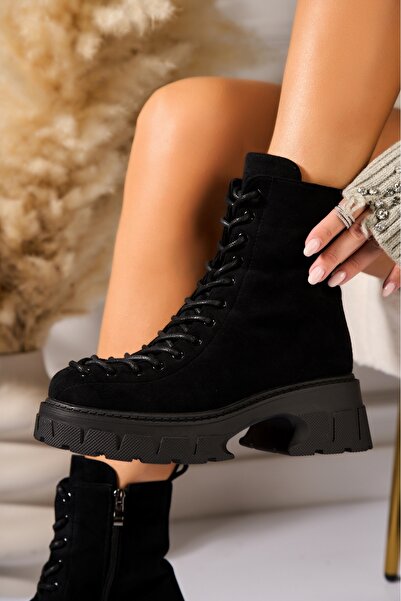 Joana Γυναικείες μαύρες μπότες με επένδυση γούνας από οικολογικό σουέτ Zayley