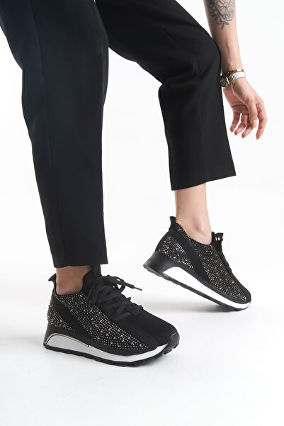 Joy Ayakkabı ALYA Bağcıklı Ortopedik Taban Taşlı Kadın Sneaker Spor Ayakkabı CBT - Siyah