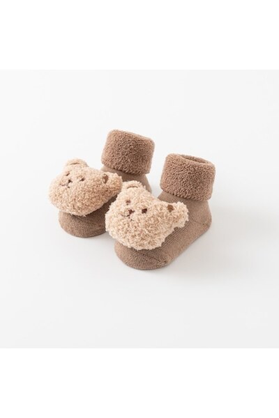 OEM Fleece Socks with Attached Toy, Non-slip Sole, Bear Design, Dark Brown, 6-12 Months (11.5 cm)