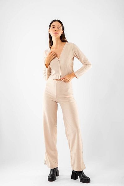 Bak Moda Button Detailed Basic Knitwear Beige Cardigan Trousers Set