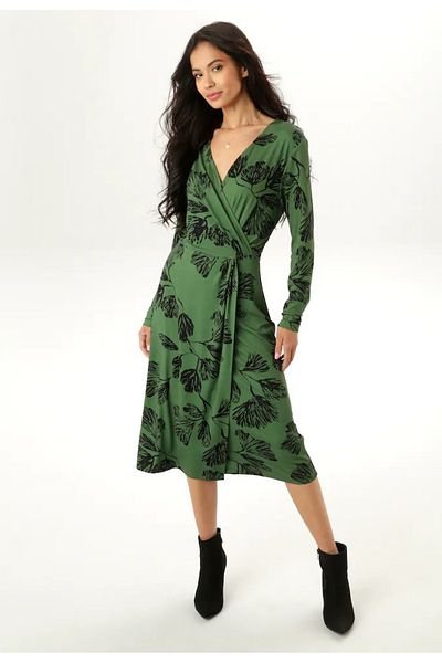 Şans Rochie de damă, mărime mare, verde, guler înfășurat, cu model de frunze din viscoză 65N39039