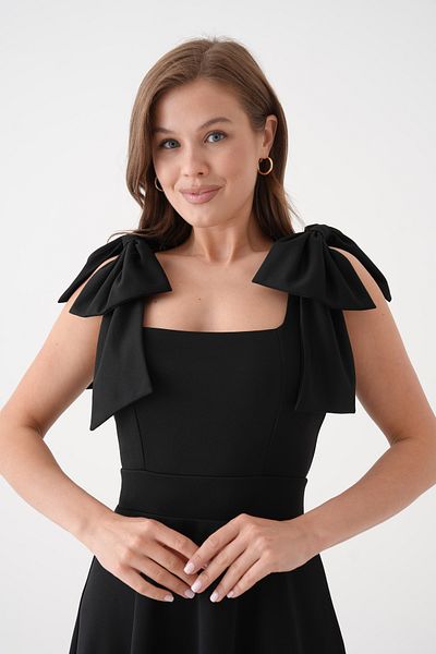 Secret Passion Lingerie Black Crepe Fabric Square Collar Bow Strap Design Flared Midi Evening Dress 77127