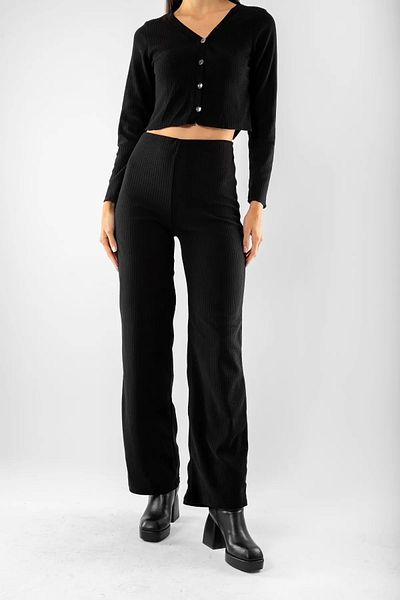 Bak Moda Button Detailed Basic Knitwear Black Cardigan Trousers Set