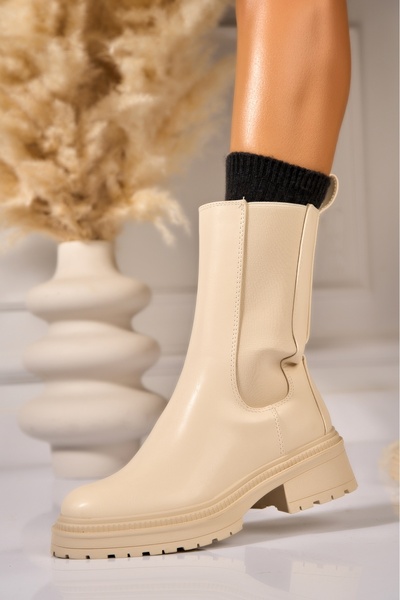 Joana Γυναικείες μπεζ μπότες με επένδυση γούνας από οικολογικό δέρμα Stiora