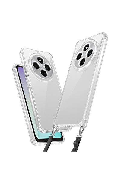 noktaks Xiaomi Redmi 14C 4g Compatible Case Snap Silicone Cover with Airbag and Attachable Strap-Transparent-T35306