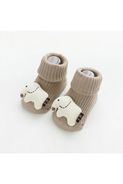 Mixbo Șosete pentru bebeluși cu jucărie atașată, talpă antiderapantă, bumbac, elefant, crem, 1-2 ani,