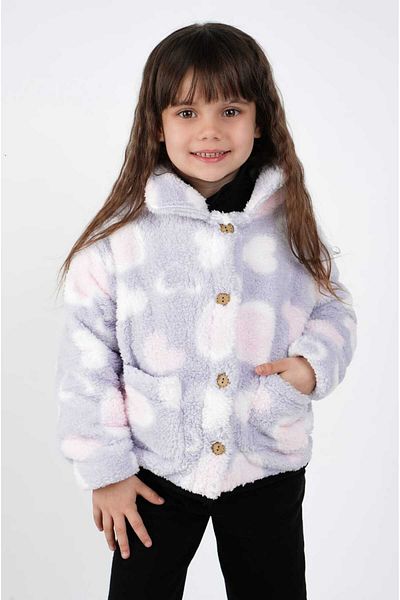 DUBLİNO KİDS Girl's Heart Welsoft Single Top Plush Sweatshirt Cardigan Jacket