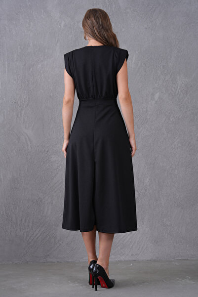 barış sülün lovebox Women's Black Stretchy Crepe Fabric Degaje Collar Shoulder Padded Midi Flared Evening Dress 77129