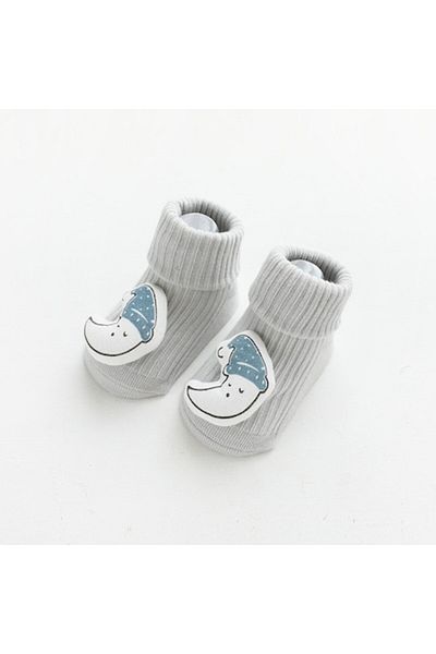 Mixbo Baby Socks with Attached Toy, Non-Slip Sole, Cotton, Moon, Gray, 1-2 Years,