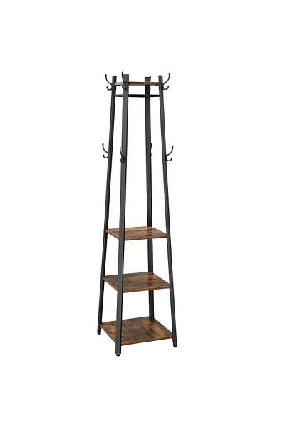 VASAGLE Cuier de haine cu 3 rafturi, suport cu carlige, din otel, 43x43x180 cm, maro