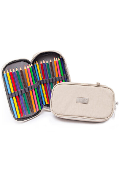 KAFF 01110 Beige Unisex Waterproof Crinkle Fabric Pen Holder Pencil Case with Organizer