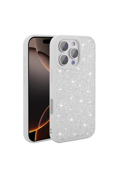 noktaks Compatible for iPhone 16 Pro Max - Case Glossy Rhinestone Design Protective Diamond Cover - White - T35969