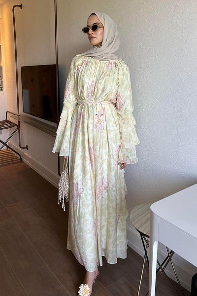 BİNAAR Floral Dress with Side Ruffle Detail Soft Green