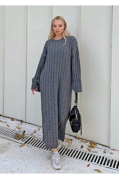 FLEX FASHION Crew Neck Hair Braided Long Trend Popular Knitwear Dress Smoke