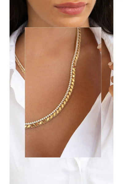 NİSERAJEWELLERY Tasarım Taşlı Halep Altın Zincir - Pullu Altın Zincir