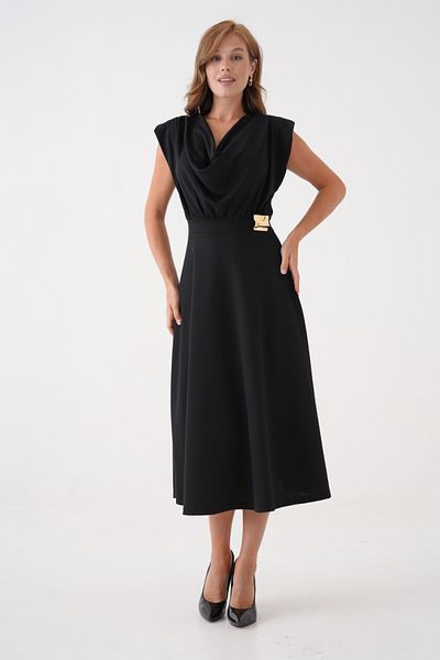 lovebox Black Stretchy Crepe Fabric Degaje Collar Shoulder Padding Detailed Flared Midi Evening Dress 77129