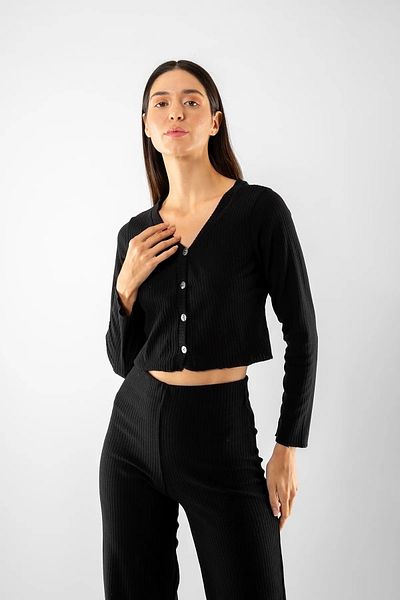 Bak Moda Button Detailed Basic Knitwear Black Cardigan Trousers Set