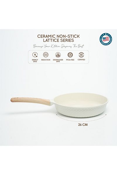 VAV GET 26 CM Ceramic Non-Stick Frying Pan – Lattice Series, Cream White, Induction Compatible