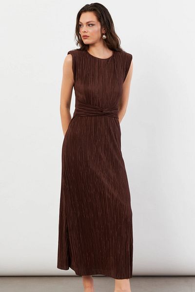 Cool & Sexy Women's Brown Padded Pleated Lined Midi Dress Dmr436