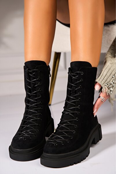 Joana Γυναικείες μαύρες μπότες με επένδυση γούνας από οικολογικό σουέτ δέρμα Roizy2