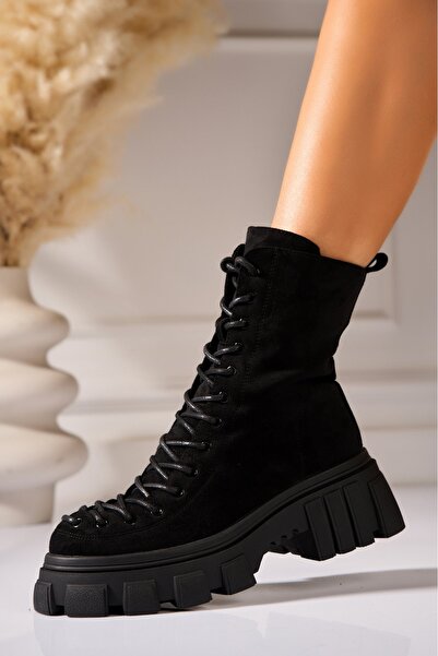 Joana Γυναικείες μαύρες μπότες με επένδυση από γούνα από τεχνητό σουέτ Pragya2