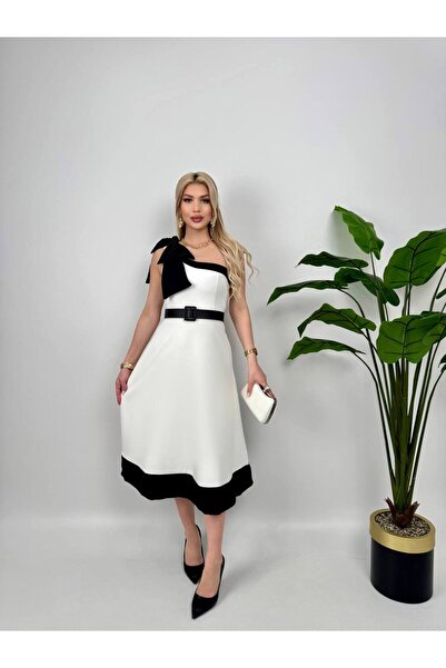 Fade tek omuz fiyonklu kemerli elbise