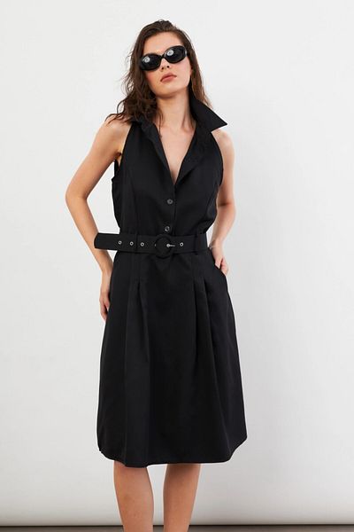 Cool & Sexy Women's Black Belted Pocket Midi Dress Nh101