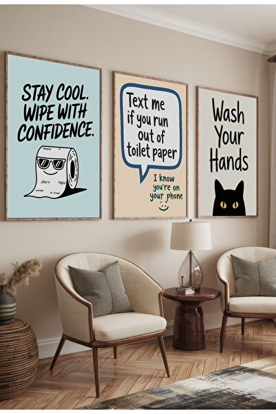 21mxm Set de 3 tablouri pe pânză cu citate amuzante pentru baie – Artă murală cu umor la toaletă, poster cu animale ciudate pentru casă