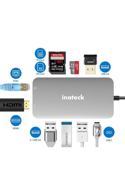 inateck Hub USB Tip-C cu 9 porturi din aluminiu USB A, USB C, HDMI, Ethernet