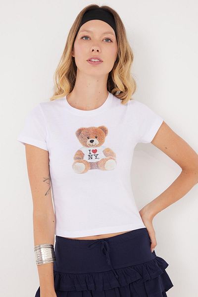 Tudors Women's Slim Fit Slim Fit Short Sleeve Crew Neck Printed White T-Shirt