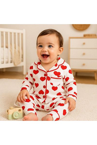 Alpbebe Heart Detailed Front Buttoned Seasonal 2 Piece Pajama Set -Red