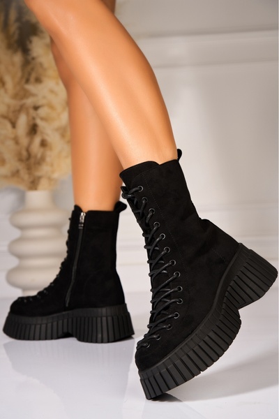 Joana Γυναικείες μαύρες μπότες με επένδυση γούνας από οικολογικό σουέτ Evalise2