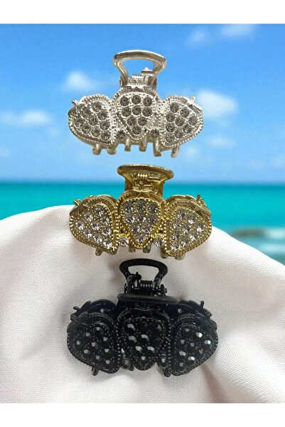 GALATA GIFT Üçlü Toka Set, Kadın Saç Tokaları, Siyah-Gold-Gri Renkli Şeffaf Zirkon Taşlı 3 Adet Toka Seti/4cm