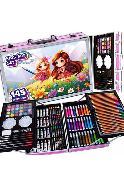 NewEvo Painting and Drawing Set for Children, 145 Pieces, Colored Pencils, Wax Crayons, Markers