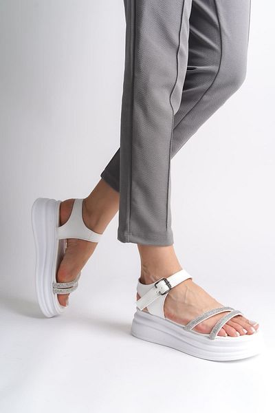 Joy Ayakkabı Zlohe thick buckled stoned striped orthopedic sole women's sandal cbt - white