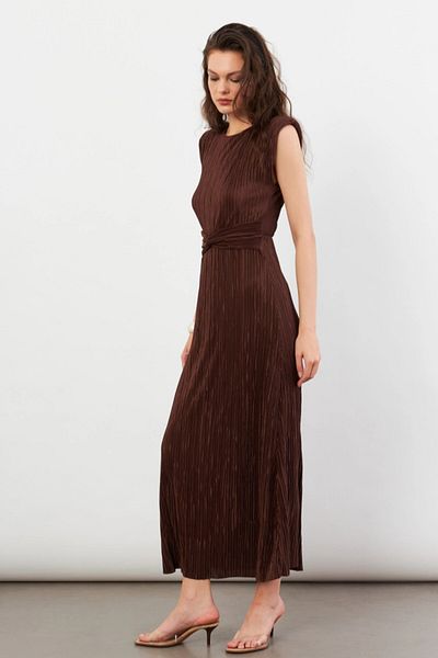 Cool & Sexy Women's Brown Padded Pleated Lined Midi Dress Dmr436