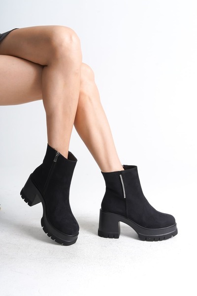 Joy Ayakkabı Lisse Zippered Orthopedic Sole Thick Heeled Suede Women's Boots Sst - Black