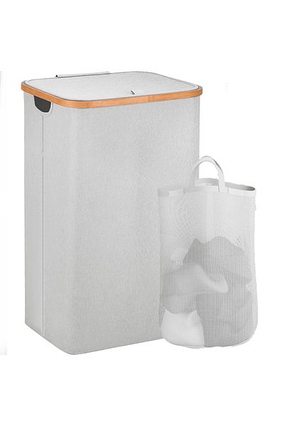Elindor Foldable Bamboo Laundry Basket, with Lid and Removable Bag, 100 L, 74 x 41 x 33 cm, Light Grey