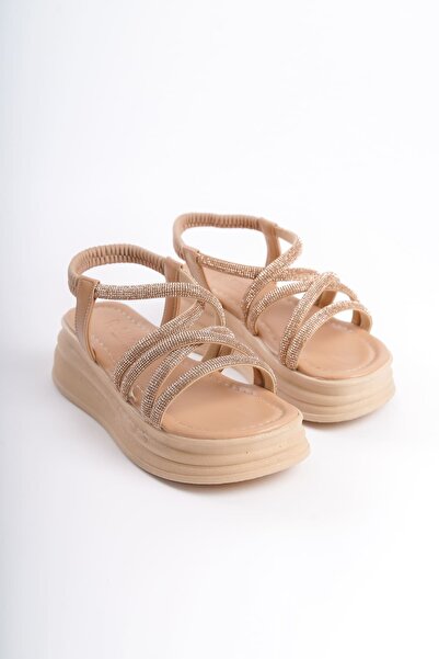 Joy Ayakkabı Elena Elastic Stone Striped Orthopedic Sole Women's Sandals Ctt - Skin