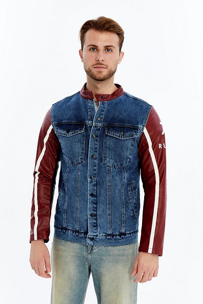 CHOS7N Men's Standard Denim Jacket Sleeves Leather Niche Compact Design Coats Casual Dominant Collar Convenient
