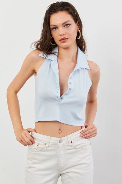 Cool & Sexy Women's Baby Blue Backless Buttoned Blouse Lpp1246-90