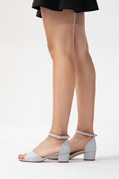 ALPELLİByAlp Women's Silver Glitter Short Heeled Comfortable Evening Dress Shoes