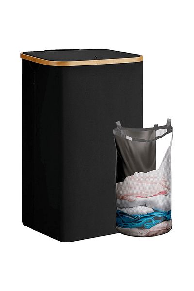 Elindor Coș de rufe din bambus, pliabil, cu capac și sac de rufe detașabil, 100 L, 74 x 41 x 33 cm, Negru