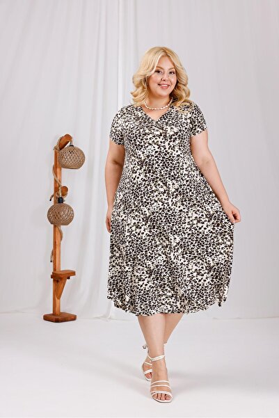 Siyezen Plus Size V-Neck Cotton Lycra Patterned Dress