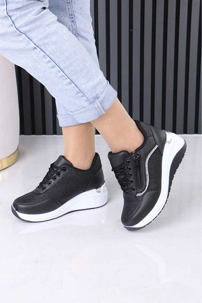 OBAY LİFE Women's Black White Skin Zipper 7 cm Hidden Heel Orthopedic Sports Shoes Nbr4106